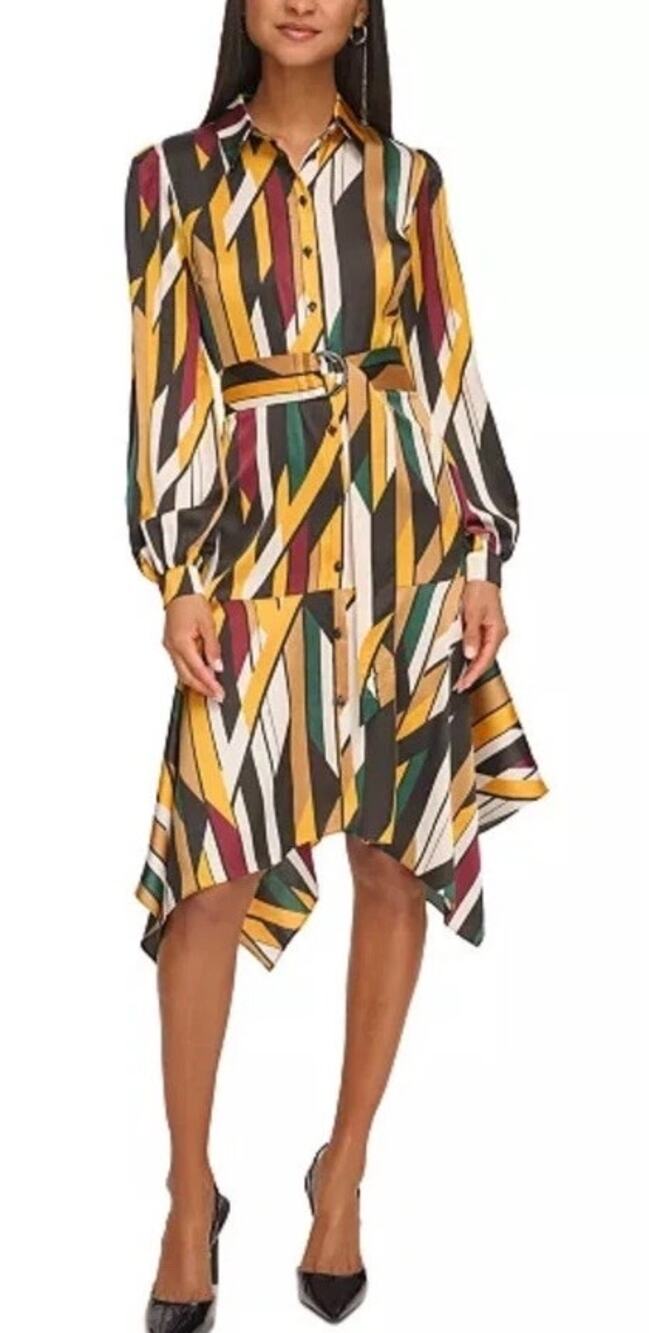 Karl Lagerfeld Paris Artsy Stripe Handkerchief Hem Long Sleeve Shirt Dress 4 NWT